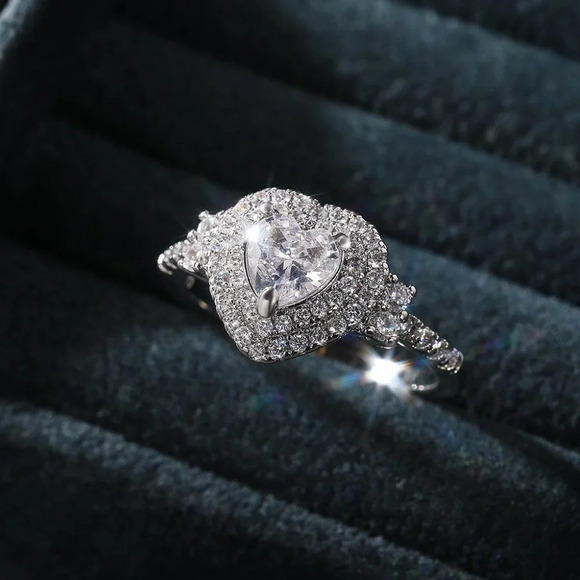 😍Diamond Heart CZ Shiny 14k White Gold Luxury Macro Pave Ring for Women, K852